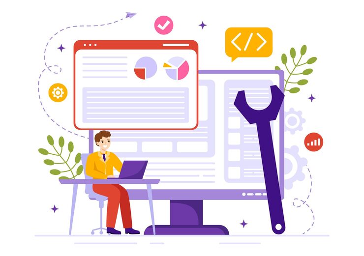 Vector software testing vector illustration with application programming and coding in hand drawn templates