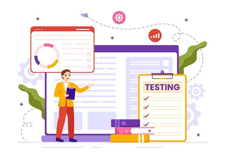 Vector software testing vector illustration with application programming and coding in hand drawn templates