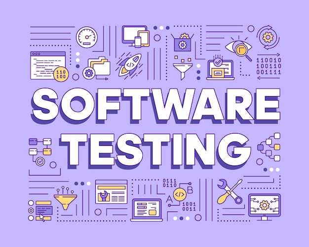 Insegna viola di concetti di parola di test del software. esaminare il componente del programma per computer. rileva bug. presentazione, sito web. idea di tipografia scritta isolata con icone lineari. illustrazione di contorno vettoriale