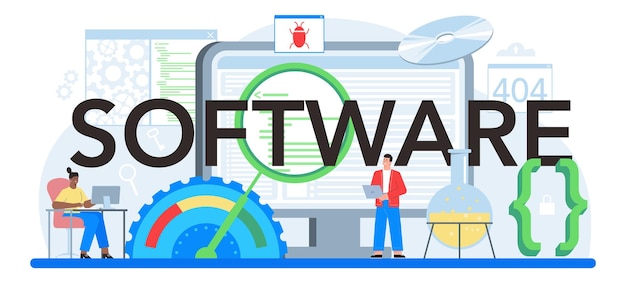 Типографический заголовок программного обеспечения Идея разработки системы программирования и кодирования Цифровые технологии Компания-разработчик программного обеспечения, пишущая код Изолированная векторная иллюстрация