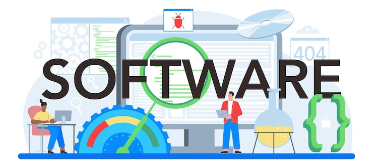 Vector software typographic header idea of programming and coding system development digital technology software developing company writing code isolated vector illustration