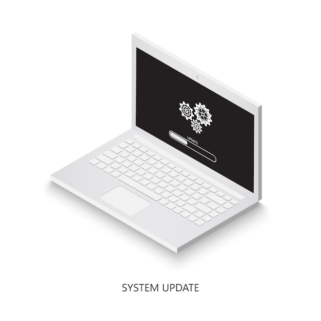 Software update on laptop with loading sign on the screen Isometric laptop System upgrade.