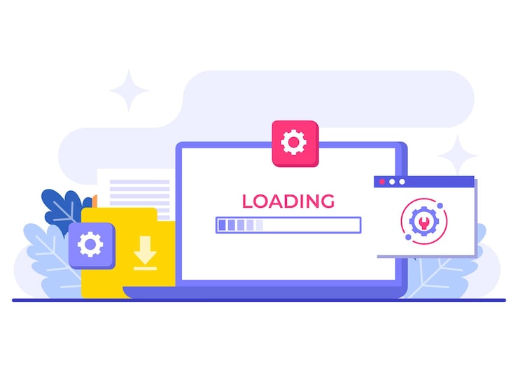 Vector software upgrade process on device loading bar on the screen loading speed fast internet browser