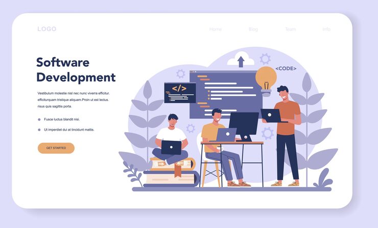 Vector software web banner or landing page. idea of programming and coding, system development. digital technology. software developing company writing code. 