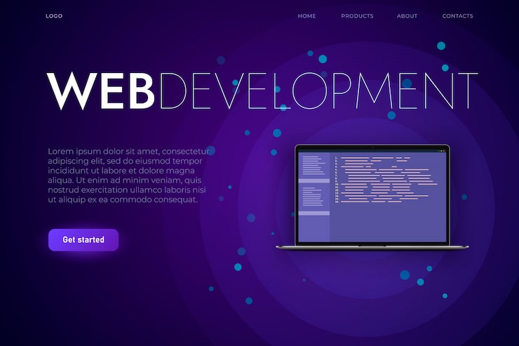 Vector software and web development landing page template. reslistic laptop with programming code, web app and desktop app development