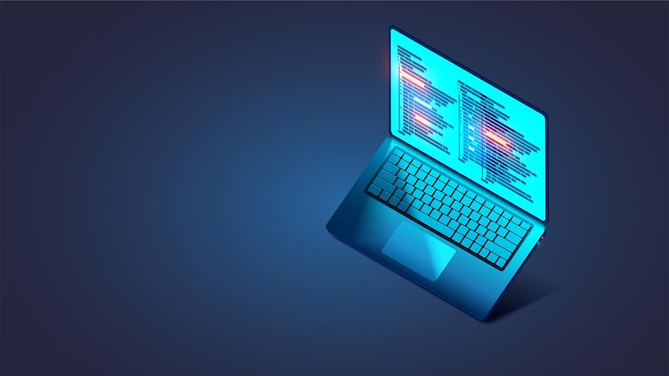 Вектор software web development programming concept abstract programming language and program code on screen laptop in isometric laptop on a stand for programming coding software development in dark