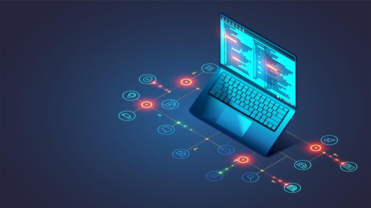 Vector software web development programming concept abstract programming language and program code on screen laptop laptop and icons of programming process technology process of software development