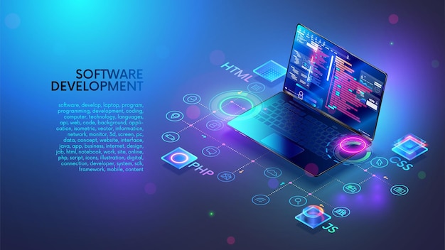 software web development programming concept programming languages program code on screen laptop laptop computer icons technology of software development programming coding on laptop