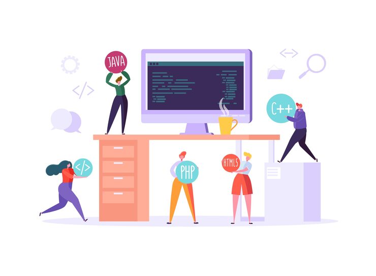Vector software and web page programming concept. programmer characters working on computer with code on screen. freelancer workplace coding. 