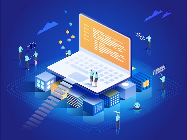 Software, webontwikkeling, programmeerconcept. Mensen die interactie hebben met laptop, grafieken en statistieken analyseren. Technologieproces van softwareontwikkeling. isometrische illustratie