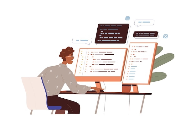 Vector softwareontwikkelaar werkt met programmacode. programmeur en monitoren met abstract computertaalscript. backend-ontwikkelingsconcept. platte vectorillustratie van coder geïsoleerd op witte achtergrond.