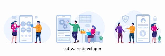 Softwareontwikkelaarspresentatie met cliëntprogrammeurtechnologie coderingscode platte vectorillustratiemalplaatje
