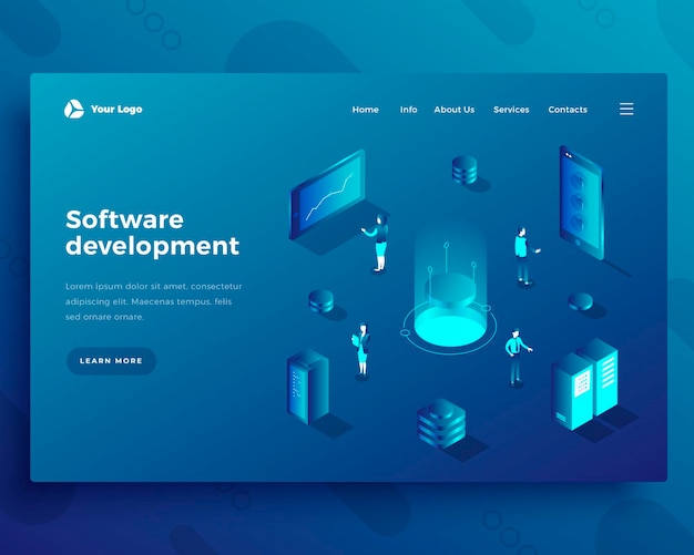 Softwareontwikkeling kantoor mensen karakters en interactie met computer en smartphone bestemmingspagina of banner sjabloon 3d isometrische vectorillustratie