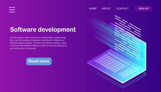 Softwareontwikkeling, programmeertaal, codering. isometrische computer met digitale applicatie