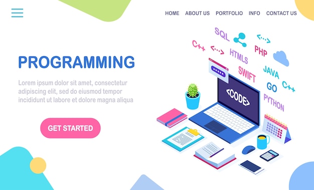 Softwareontwikkeling, programmeertaal, codering. isometrische laptop, computer met digitale applicatie op witte achtergrond.