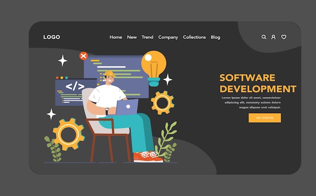 Vector softwareontwikkeling webbanner of landing page donkere of nachtmodus codering backend en frontend