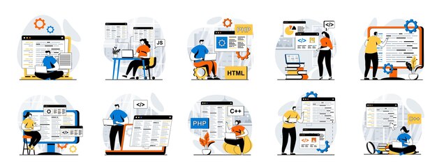 Softwareontwikkeling webconcept met mensen scènes mega set in plat ontwerp Bundle van personagesituaties met programma's en apps het creëren van engineering en optimalisatie producten Vector illustraties