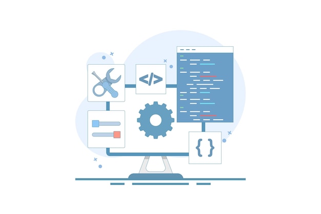 Softwareontwikkelingsconcept met codering en configuratie van tandwielen op een computerscherm
