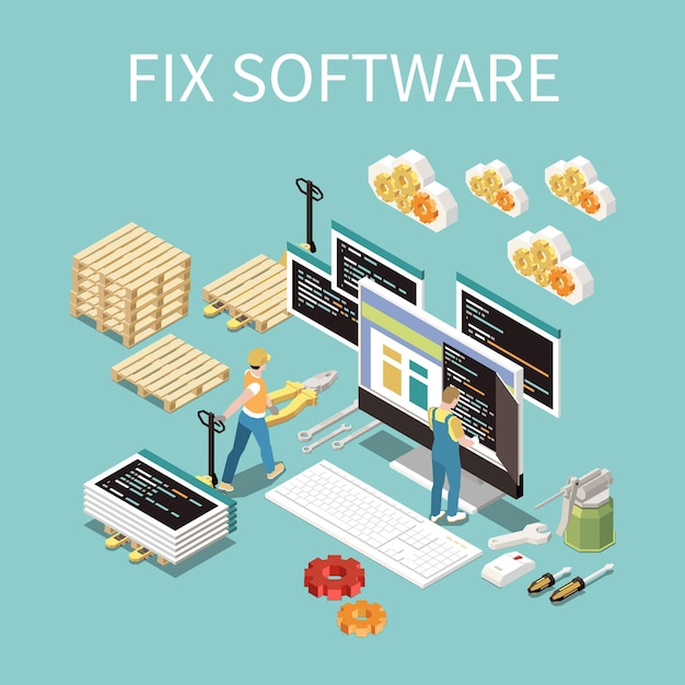 Softwareontwikkelingsconcept met isometrische illustratie van fix- en ondersteuningssymbolen