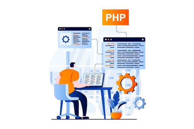 Softwareontwikkelingsconcept met mensenscène in plat cartoonontwerp Man aan het werk met php-taalcodering bij schermenprogrammering en creëert producten Vectorillustratie visueel verhaal voor web