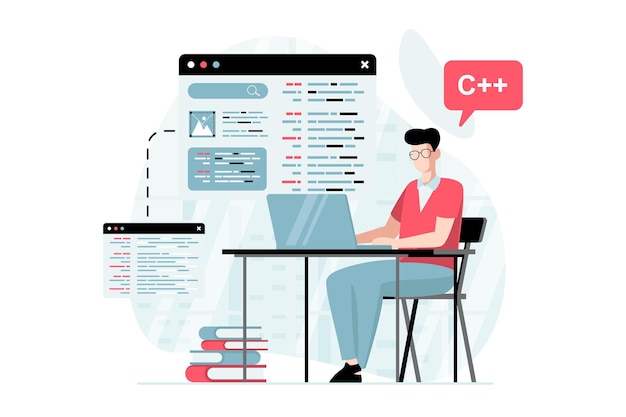 Softwareontwikkelingsconcept met mensenscène in plat ontwerp Man programmeren en maken van code vult de lay-out van de site in en corrigeert fouten Vectorillustratie met karaktersituatie voor web