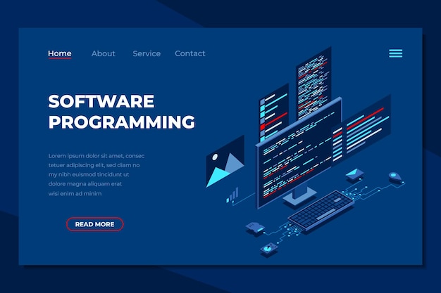 Softwareprogrammering isometrische landingspagina Programmeertalen interface op computerscherm Programmer codering Isometrische technologie