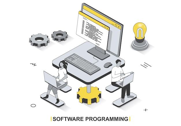 Softwareprogrammeringsconcept in 3d isometrisch schetsontwerp Tests voor ontwikkelingsteamprogramma's