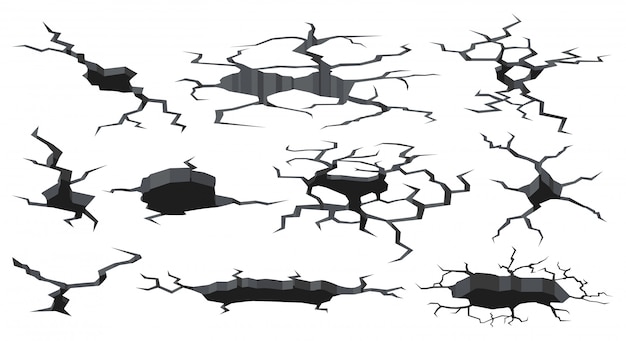 Vector soil cracks texture. earthquake cracked surface hole, damaged craquelure ground effects. damage earth cracks  illustration icons set. surface earthquake, texture, earth collapse dry