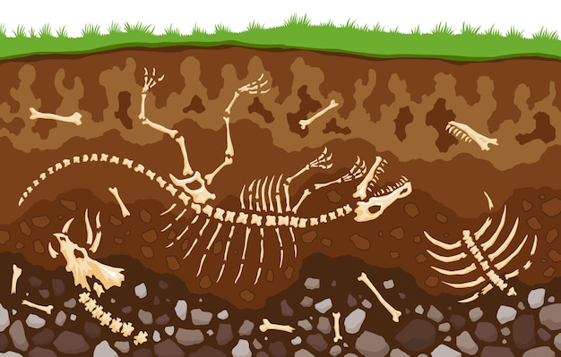 Vettore strati del suolo con ossa orizzonti superficiali con scheletro di rettile fossile strato superiore della struttura terrestre con una miscela di minerali di materia organica ossa di lucertola sepolte nella terra e strato di argilla sotterraneo