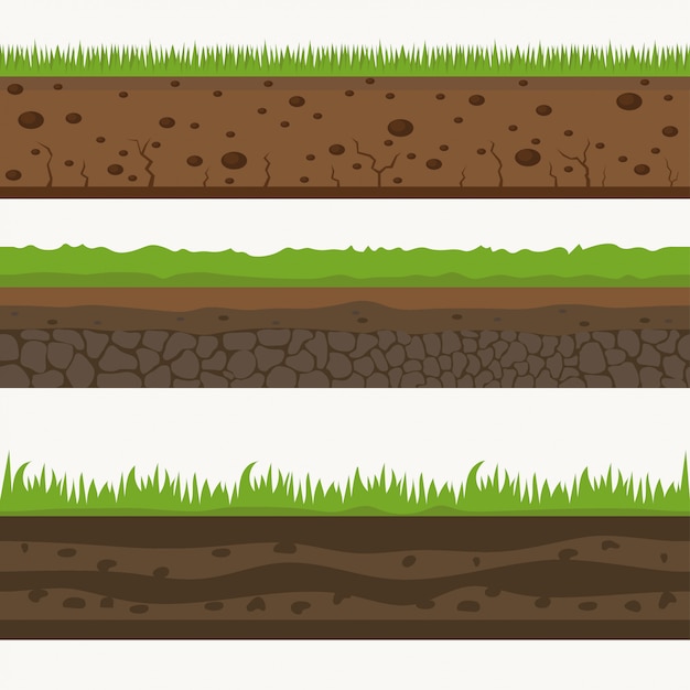 Vector soil seamless layers ground layer. stones and grass on dirts.