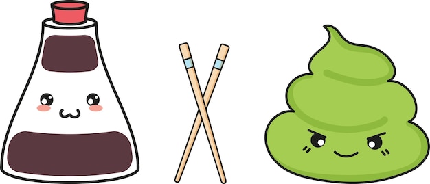 Sojasaus wasabi en eetstokjes in tekenfilmstijl