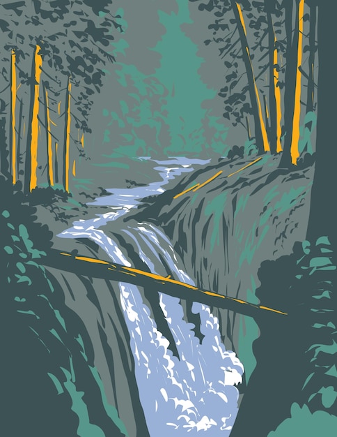 Vector sol duc falls on soleduck river olympic national park washington state wpa poster art