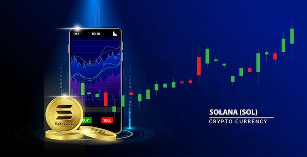 Vector solana (sol) coin gold smartphone money app bank secure mobile cryptocurrency blockchain.