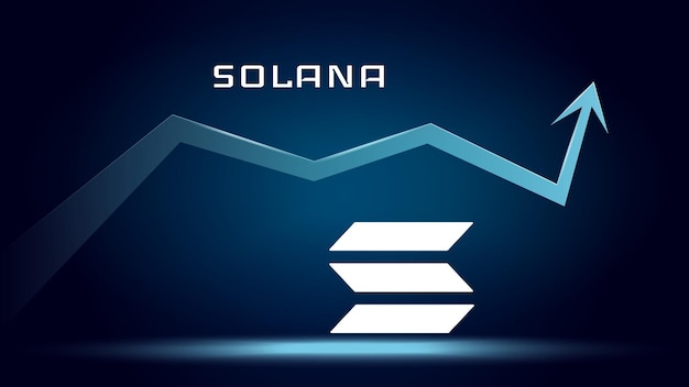 상승 추세에 있는 Solana SOL과 가격이 상승하고 있습니다. Cryptocurrency 동전 기호 및 위쪽 화살표 Flies to the moon Vector 일러스트레이션