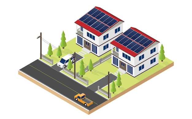 Энергия солнечных батарей, использование солнечных батарей на крыше дома в изометрической проекции