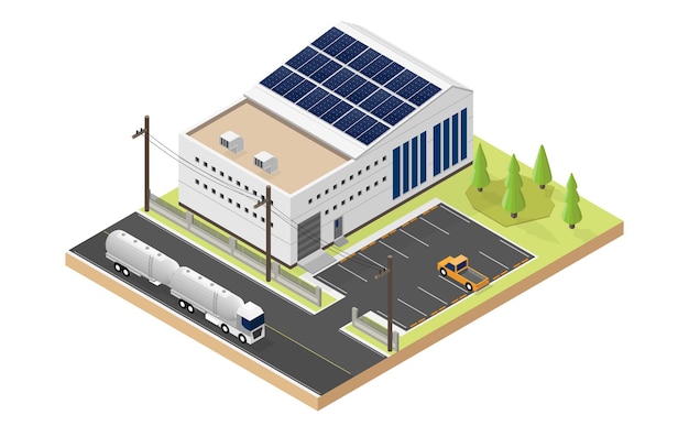 Solar cell energy, industry use solar cell roof top in isometric view