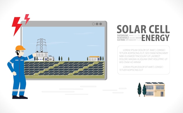 Vettore energia a celle solari grafico della centrale elettrica a celle solari sullo schermo