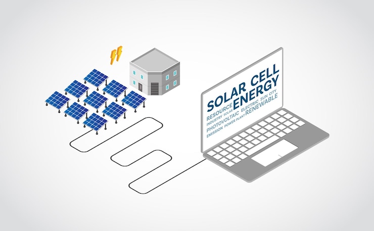 Vector solar cell energy, solar cell power plant in isometric graphic