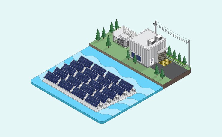 Vector solar cell energy solar cell power plant solar floating farm isometric graphic