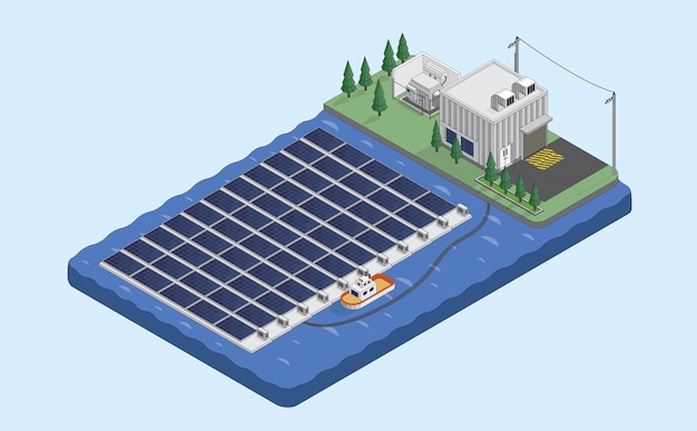 Energia da celle solari centrale elettrica a celle solari fattoria solare galleggiante grafico isometrico