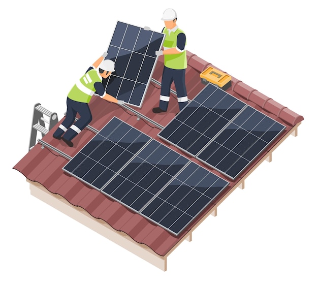 Solar cell home install vector technician worker service team on the roof of a house installing sola