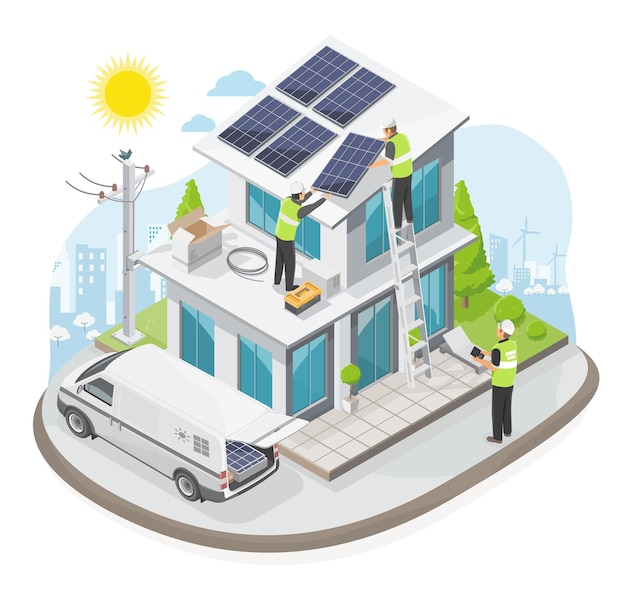 Vector solar cell house roof top installer team service installation solar panel on roof of modern house