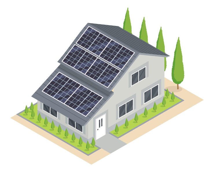 太陽電池を搭載。自由エネルギーのためのエコロジー省エネコンセプト。新しい家のためのスマートホームシステム。