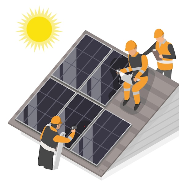 Solar cell power plant house roof top maintenance team isometric