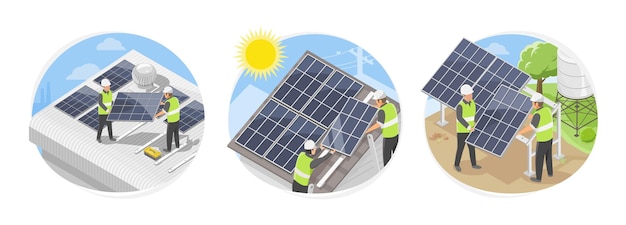 solar cell roof top installation team service symbols concept for factory warehouse house and farm