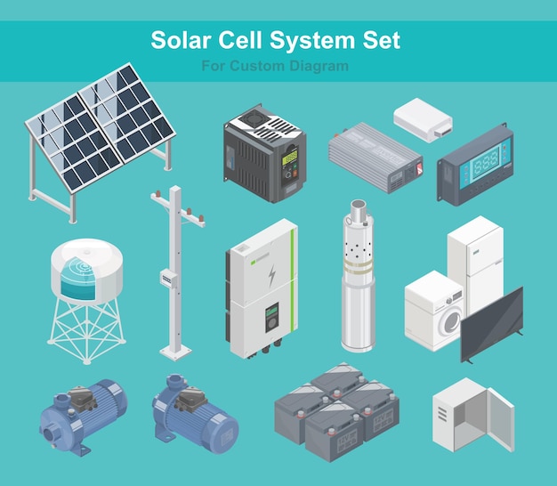 Vector solar cell solar plant element component objects vector system custom diagram designed isometric