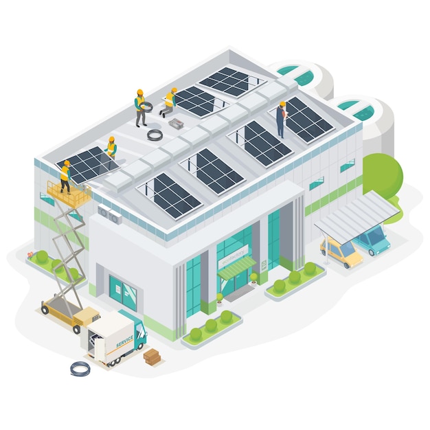 Vector solar cell system for energy saving team service installer and factory industrial isometric top view