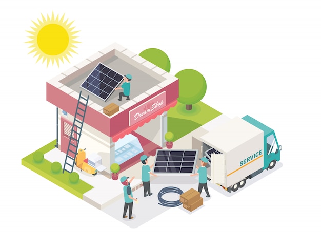 Vector solar cell team service small business isometric