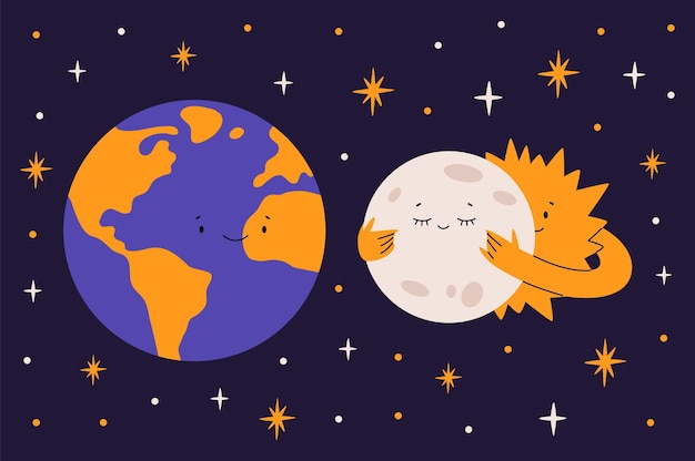 Solar eclipse cute characters