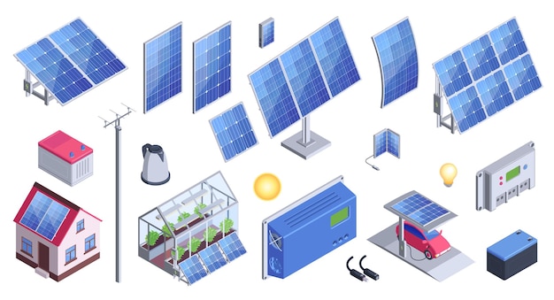 Vector solar energy equipment set of solar panels ecologically clean battery controller electric car filling station isolated icons vector illustration